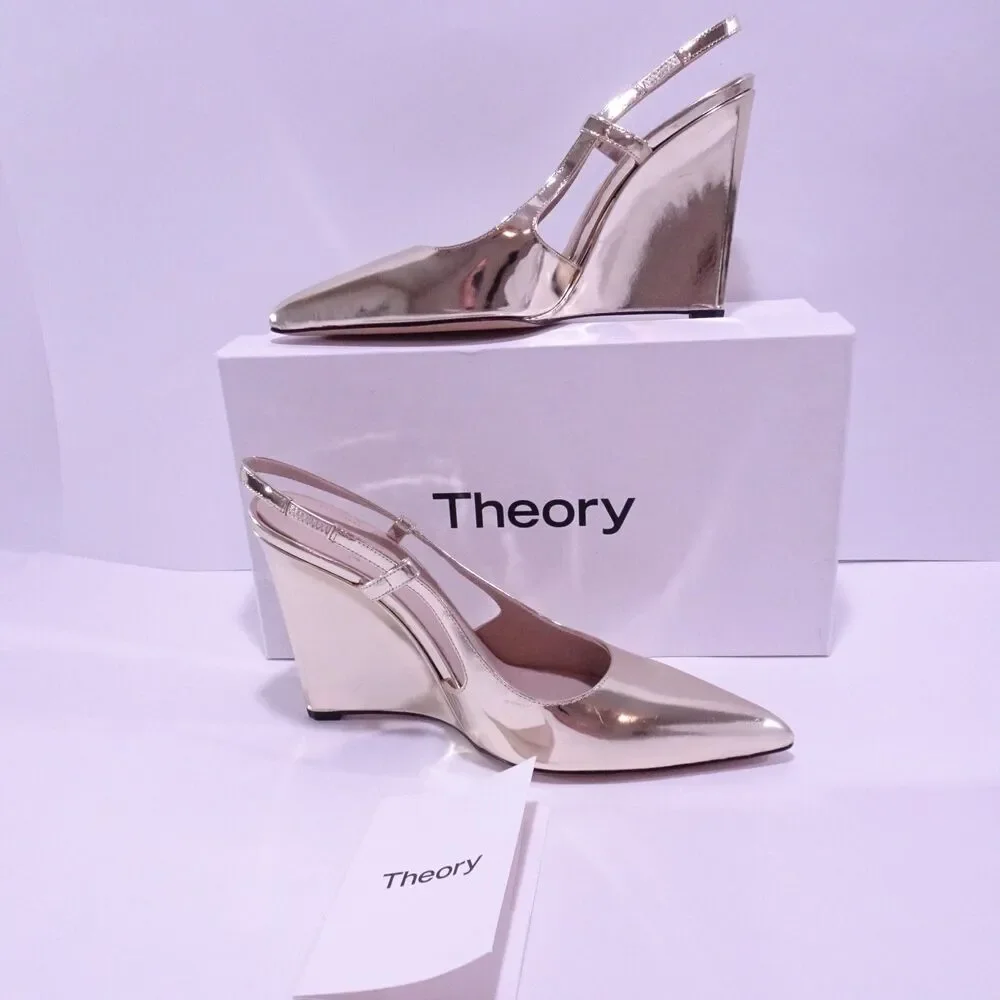 Theory Women's Slingback Wedge Pump in Metallic Leather $395 Sz 38 GOLD